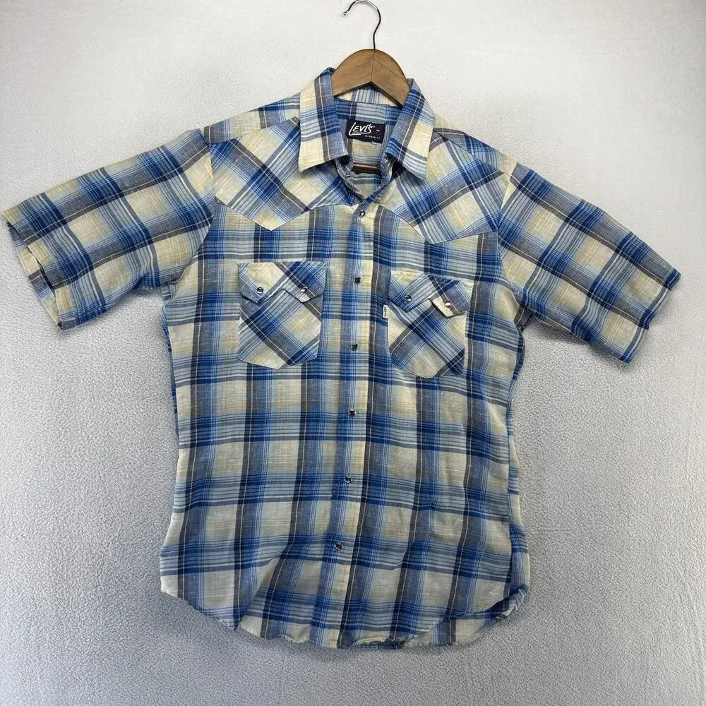 Vintage Levis Shirt Men's Medium Blue Western Pearl Snap Sawtooth Pockets 80s